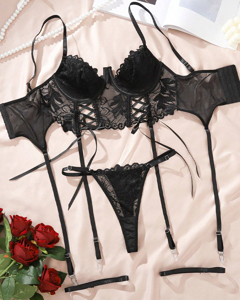 Avidlove black lace hollow body shaping strap bra set, polyester lingerie with garter belt