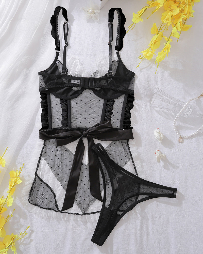 Black mesh see-through bra set with lace details, perfect for a sexy and confident look.