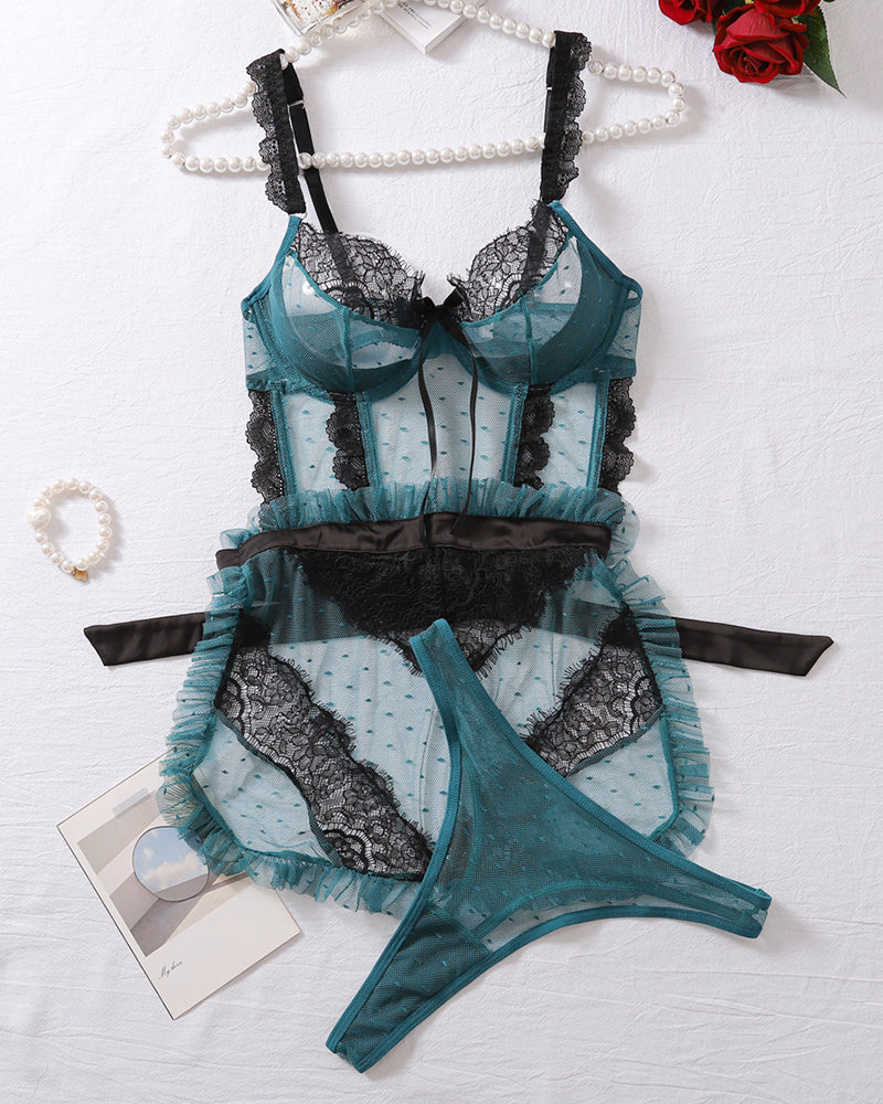 Teal mesh bra set, black lace trim, sheer design. Sexy, confident style.