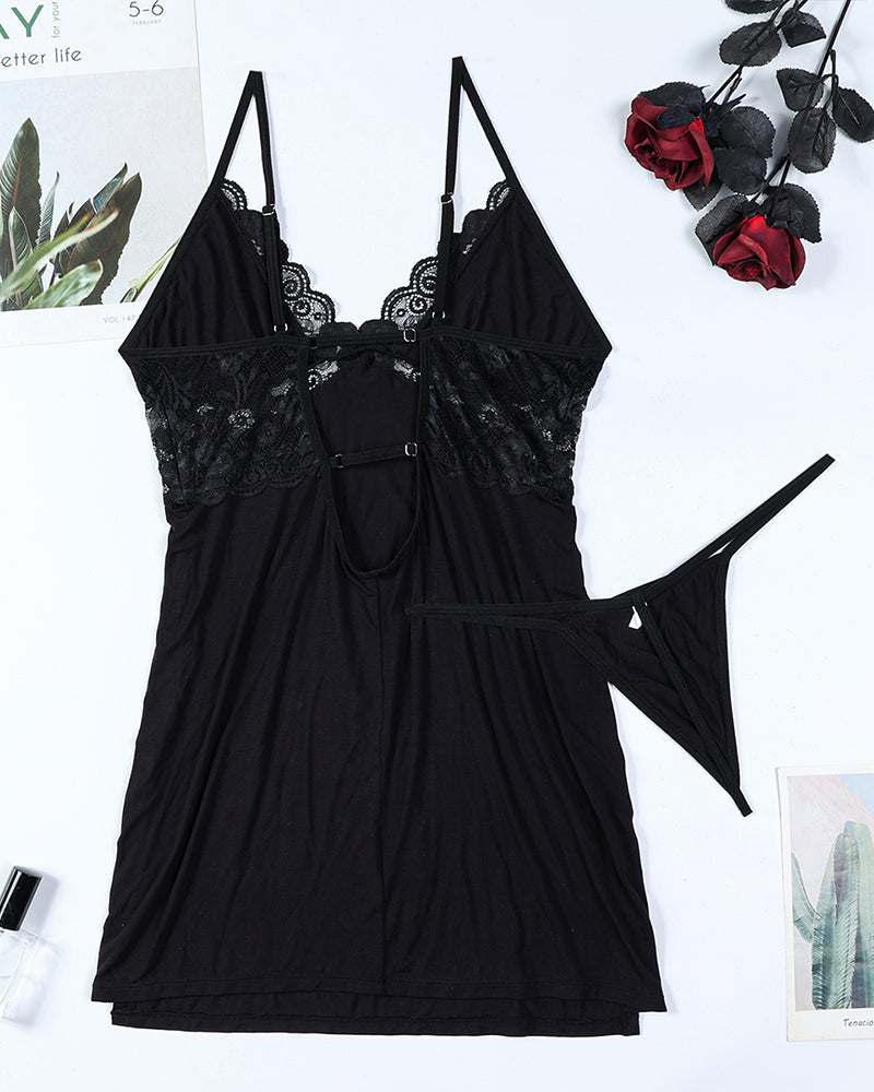 Black lace nightdress with slit and matching thong. Sexy polyester and spandex lingerie set.