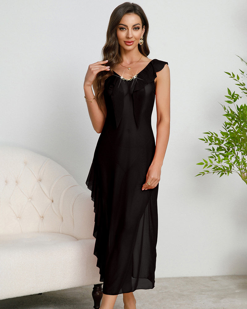 Black mesh dress with deep V-neck, pleated details, and side slit. Perfect for sleep and leisure.