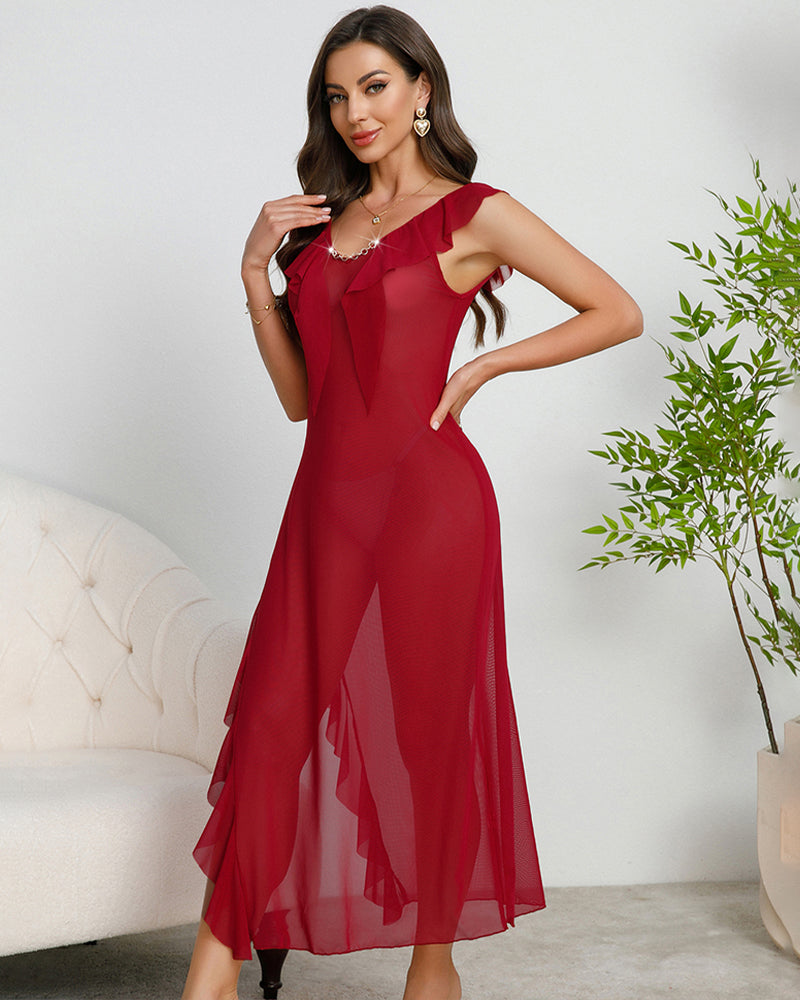 Red mesh sleep dress with deep V-neck, ruffled details, and side slit. Perfect for leisure wear.
