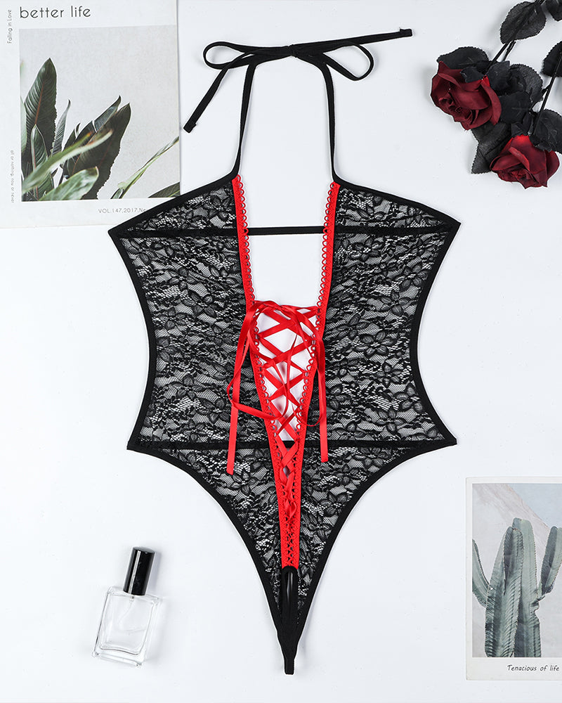 Sexy black lace bodysuit with red ribbon detailing and crotchless design