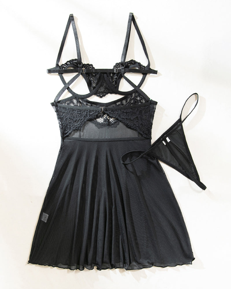Black transparent cupless suspender nightdress set with lace details, perfect for a sexy look