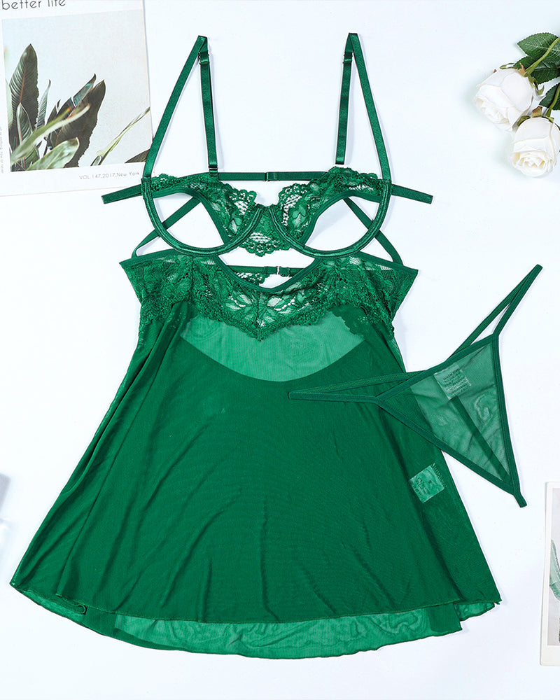 Transparent green cupless suspender nightdress with lace, perfect for a sexy and confident look