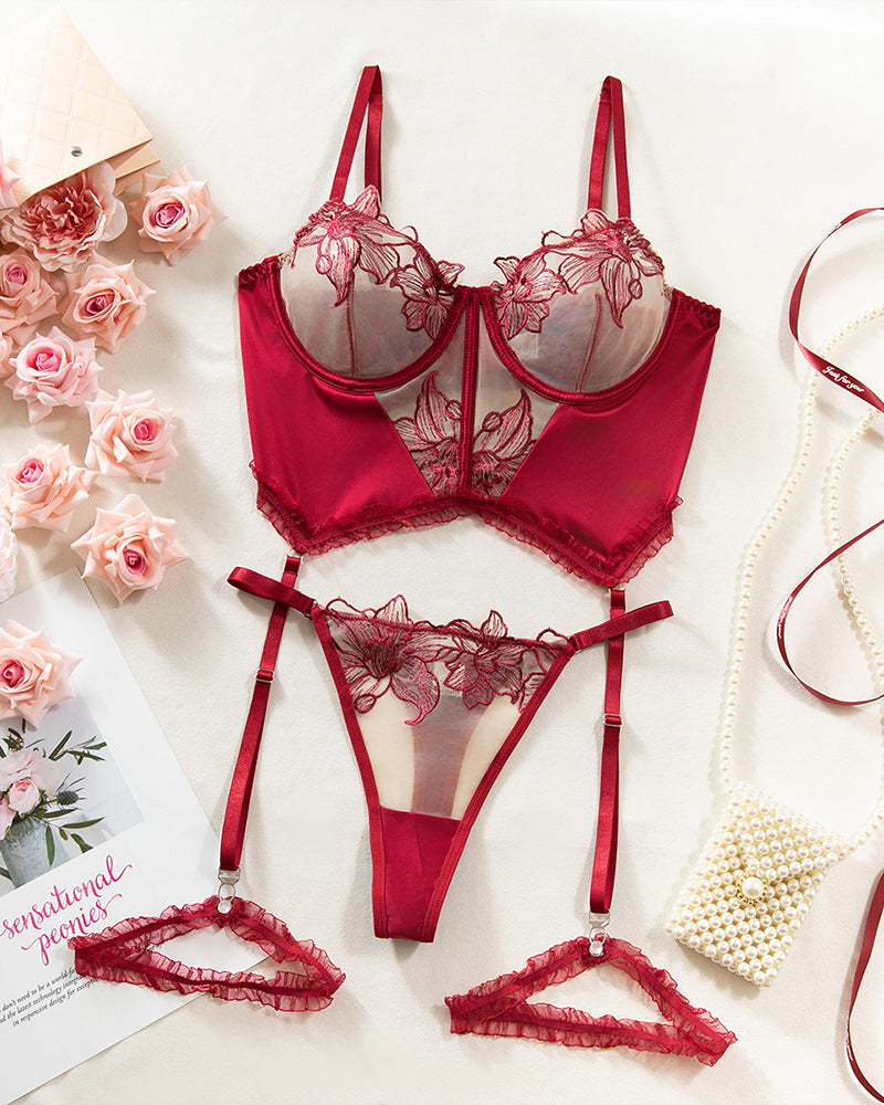 Burgundy embroidered bra set with floral details and garter straps, sexy lingerie