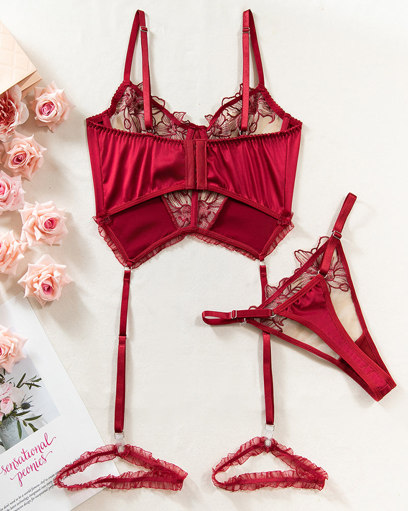 Burgundy embroidered flower colorblock bra set, sexy lingerie with garter straps, floral details