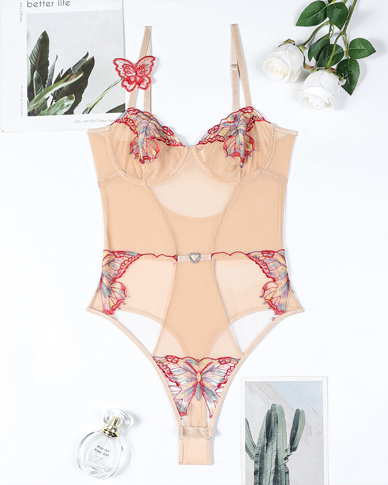 Avidlove beige butterfly embroidery bodysuit with butterfly details and adjustable straps