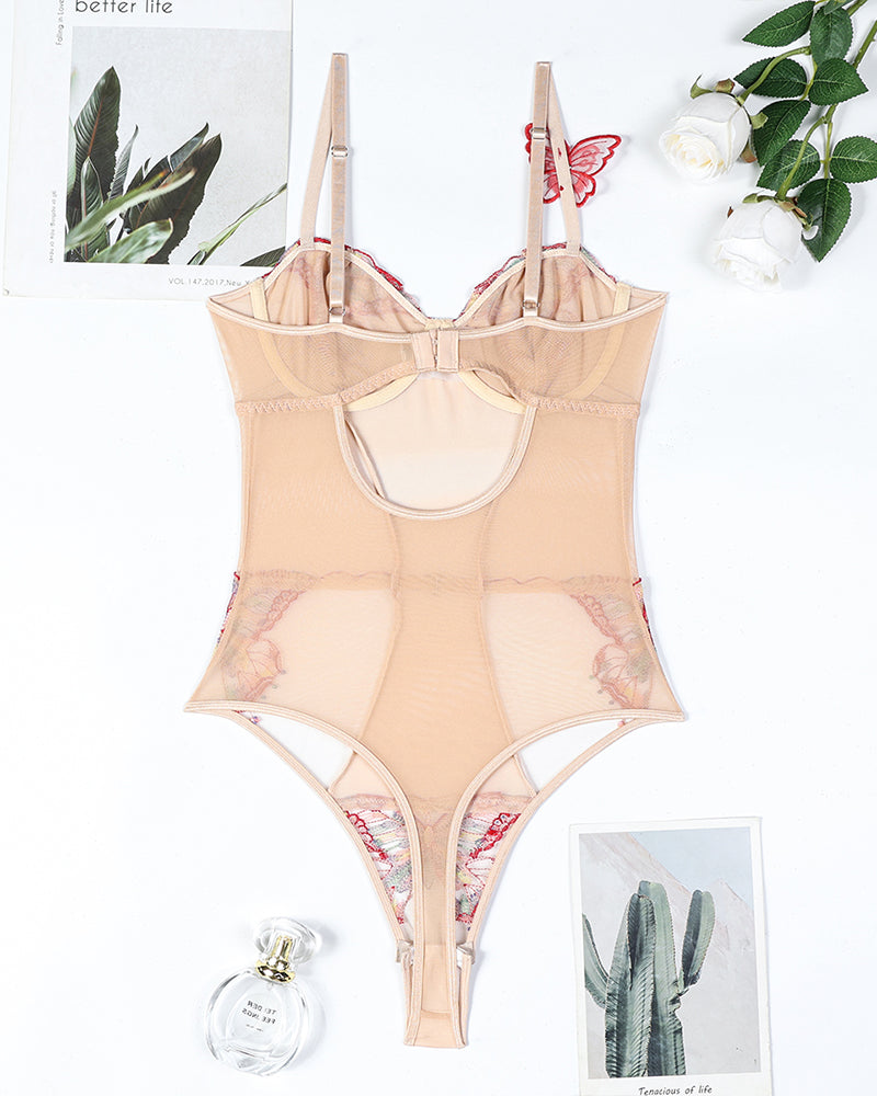 Sexy beige 3D butterfly embroidery bodysuit with adjustable straps