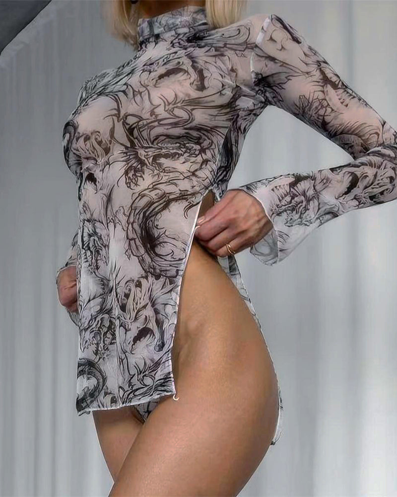 Mesh dress with dragon pattern and high side slit. Sexy and fashionable design.