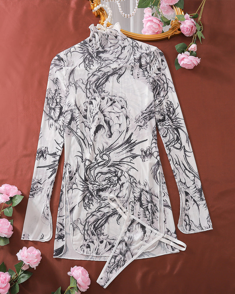 White mesh dragon print dress and thong set with high side slit. Sexy and fashionable lingerie.