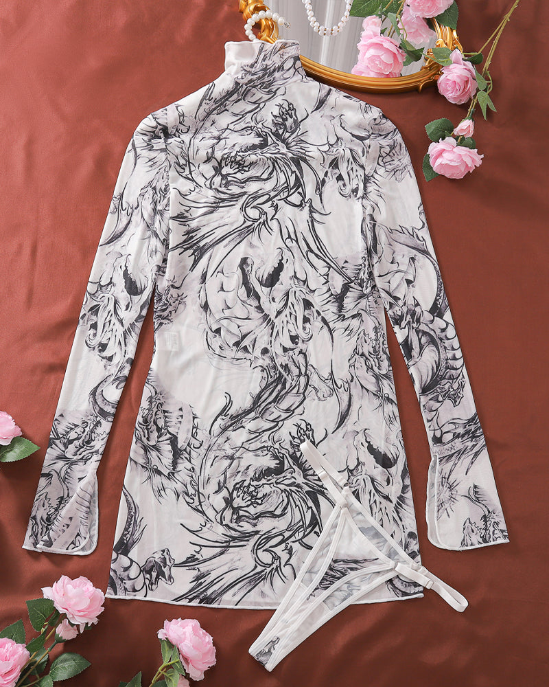 White mesh dragon print dress and thong set. Sexy and fashionable lingerie.