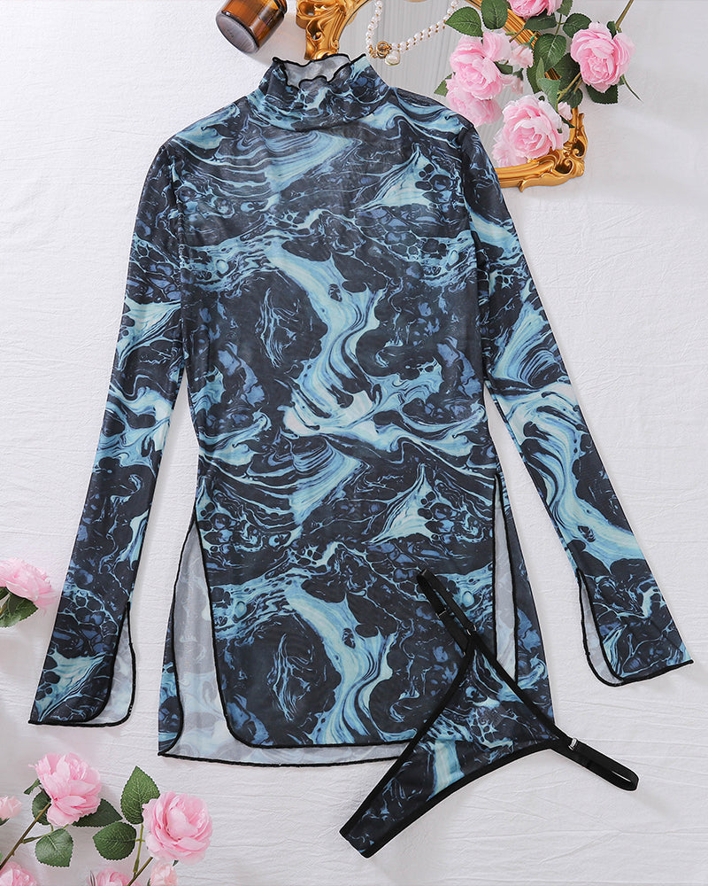 Tie-dye mesh dress with high side slit and thong. Sexy blue marble pattern lingerie set.