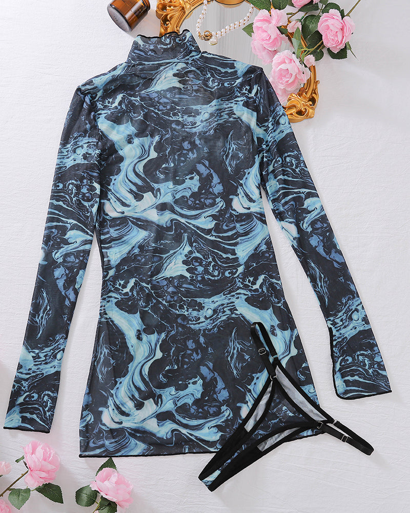 Tie-dye mesh dress and thong set with high side slit. Sexy blue marble pattern lingerie.