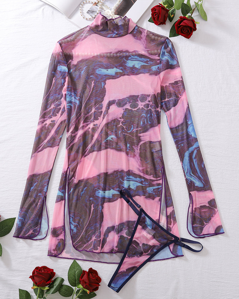 Tie-dye mesh dress with high side slit and matching thong set. Sexy blue marble pattern lingerie.