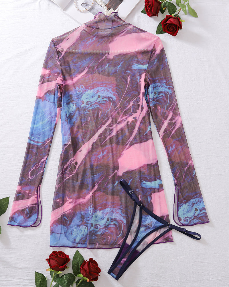 Sexy tie-dye mesh dress with high side slit and matching thong set. Marble pattern lingerie.