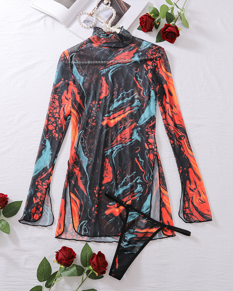 Tie-dye mesh dress with high side slit and thong set. Sexy blue marble pattern lingerie.