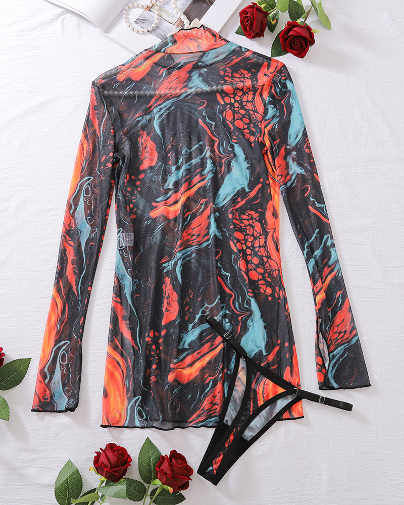 Mesh tie-dye dress with high side slit and thong set. Sexy marble pattern lingerie.