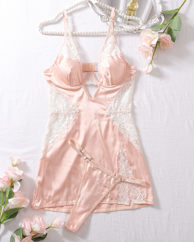 Pink satin nightdress with lace detailing and matching thong set, polyester and spandex blend