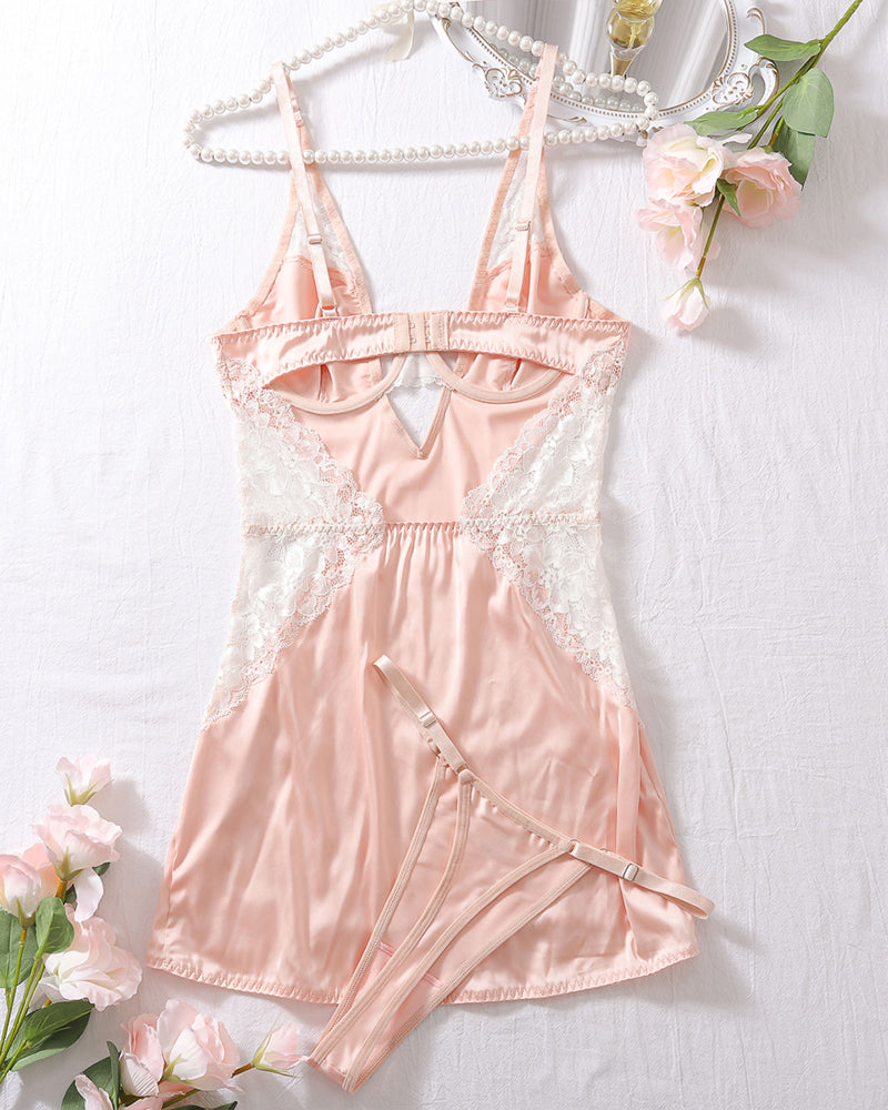 Pink lace nightdress and thong set, slim fit, polyester and spandex blend, sexy lingerie