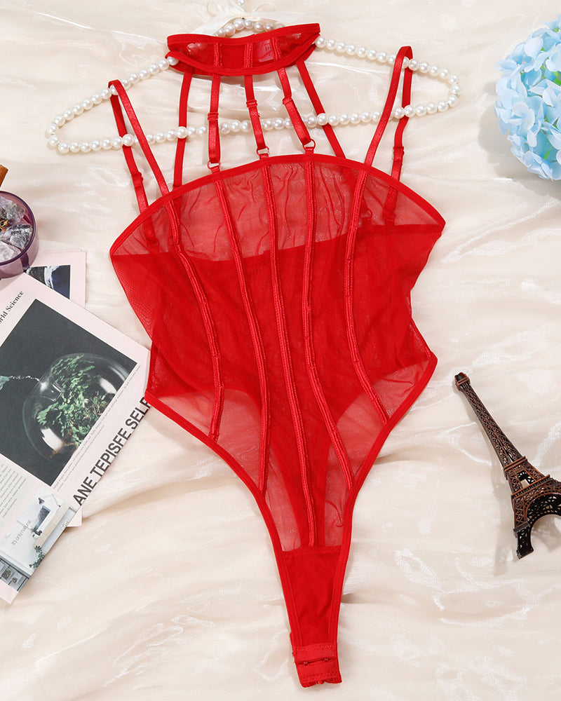 Red mesh see-through patchwork bodysuit with high neck and straps, sexy lingerie for women