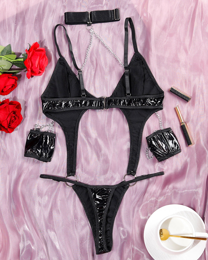 Black PU Hollow Chain Bodysuit lingerie set with chain details. Sexy lingerie for women.