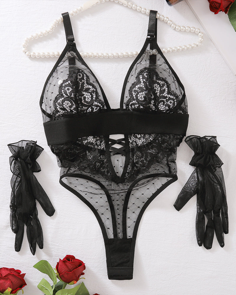 Black polka dot mesh lace open crotch bodysuit with matching gloves, sexy lingerie for women