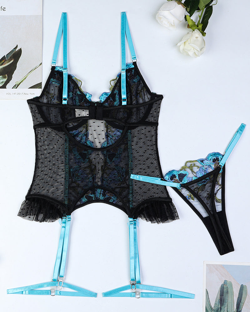 Black floral embroidered corset lingerie set with light blue straps and matching thong