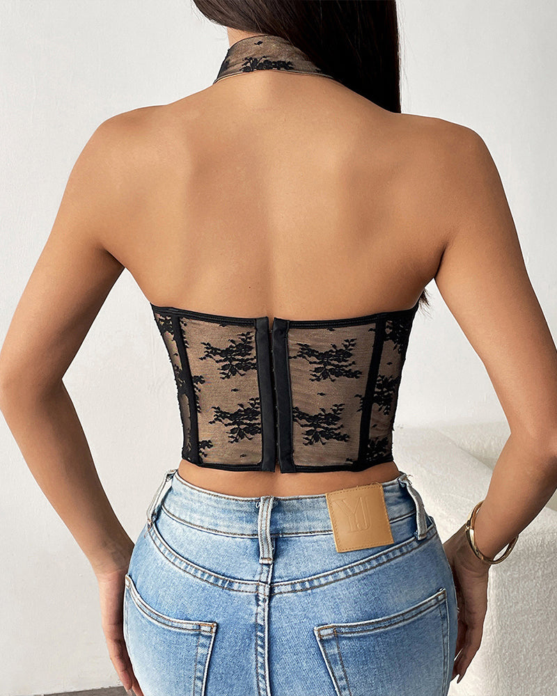 Black lace bustier top with halter neckline and backless design, elegant and sexy lingerie