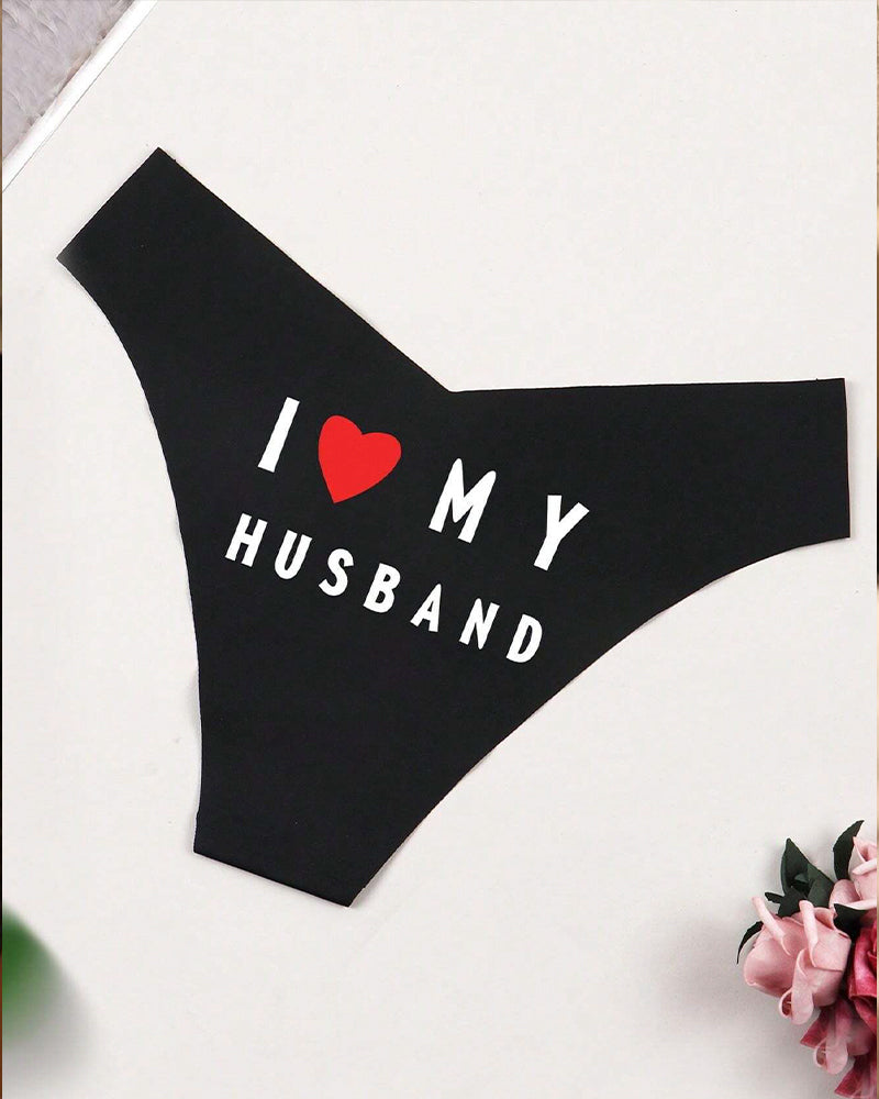 Black 'I Love My Husband' lingerie, ultra-soft and sexy panties for a romantic gift.