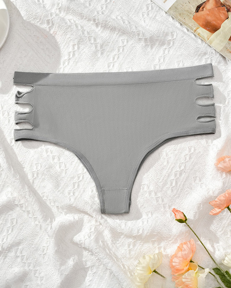 Gray plus size high waist triangle panties with cut-out details, classic sexy style, smooth fabric