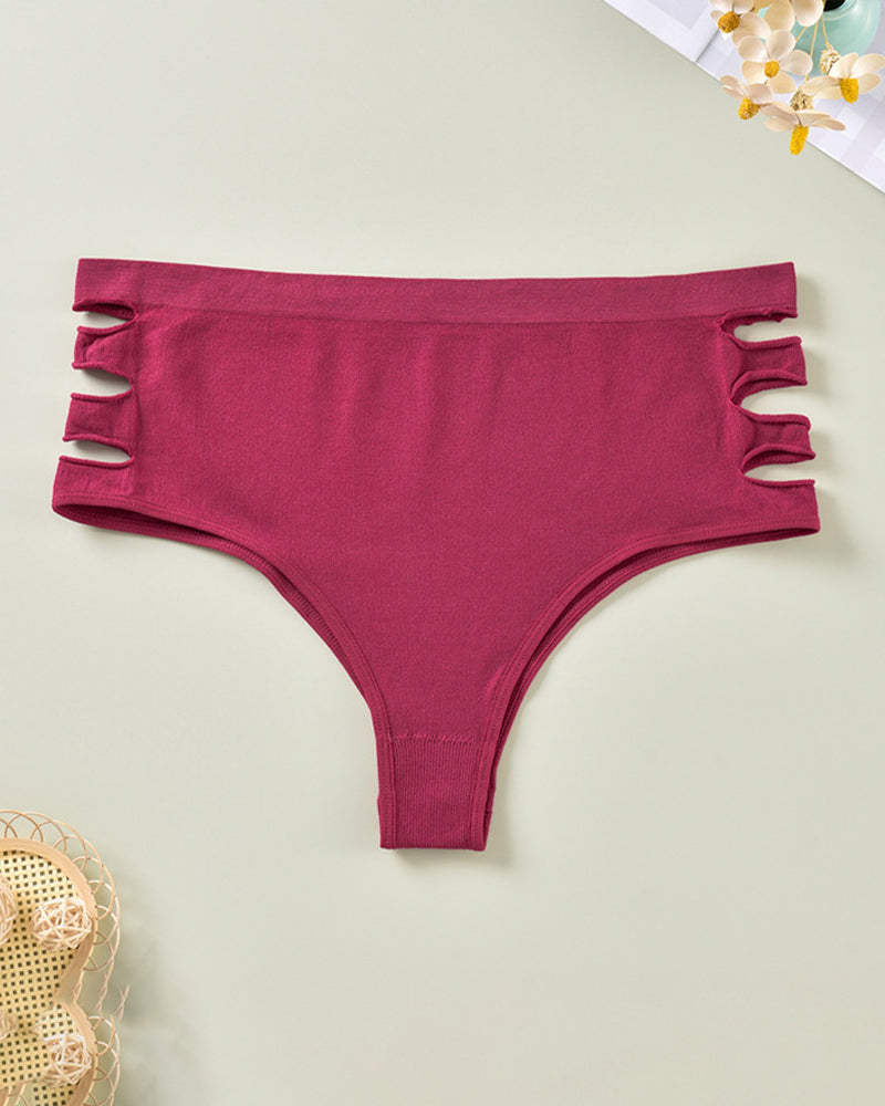 Plus size burgundy high waist triangle panties with cut-out details, sexy style, smooth fabric