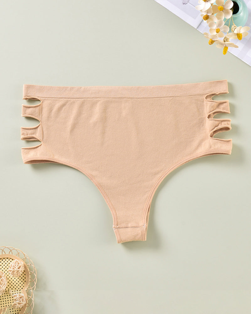 Beige plus size high waist triangle panties with cut-out details, classic sexy style, smooth fabric
