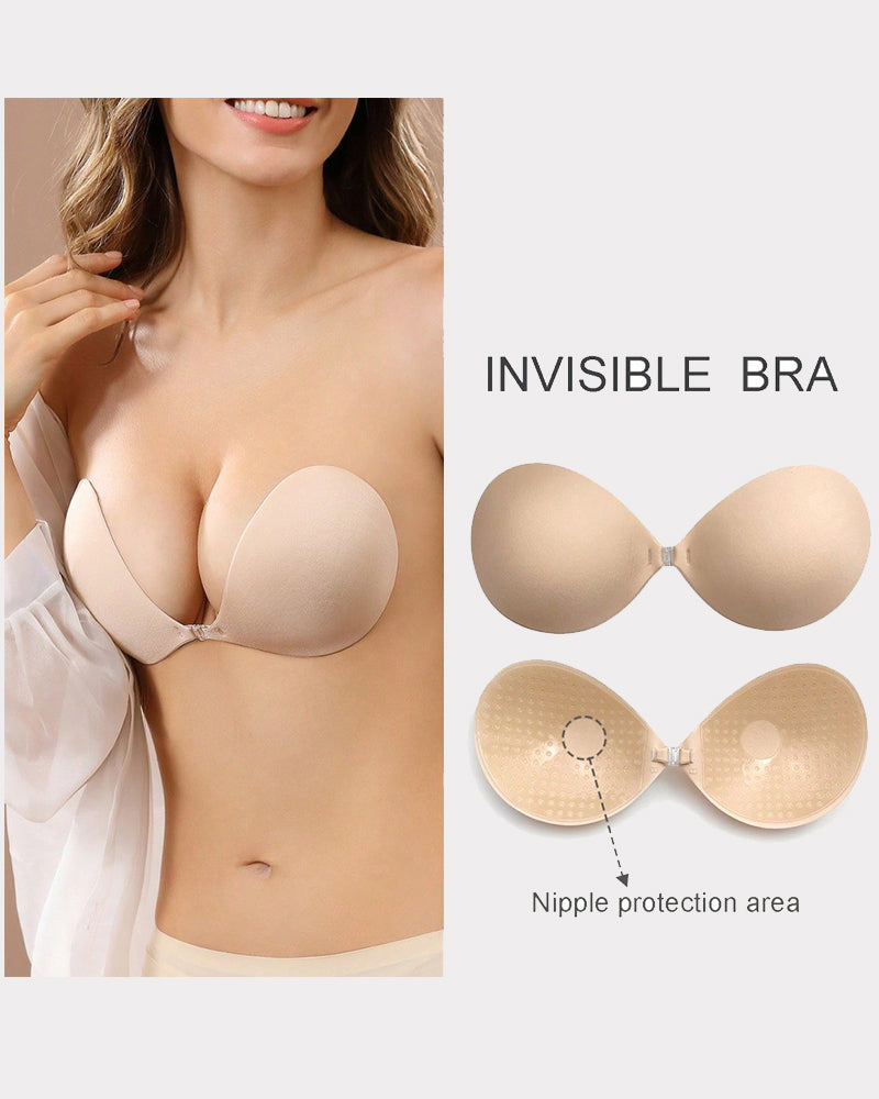 Nude invisible push-up bra, seamless design for natural lift and nipple protection.