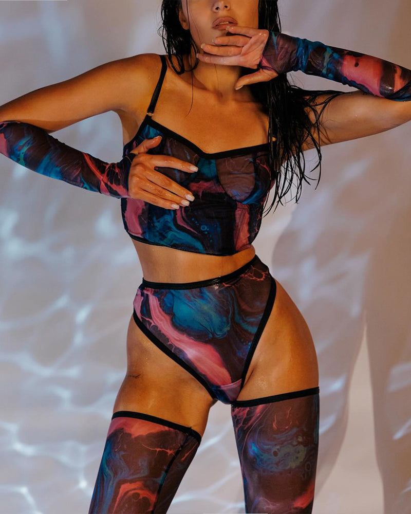 Watercolor lingerie set, blue mesh with gloves and hold-ups, alluring design for women.