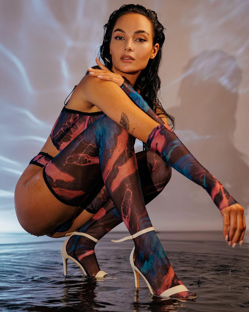 Watercolor lingerie set, blue and pink mesh with gloves and hold-ups, alluring design.