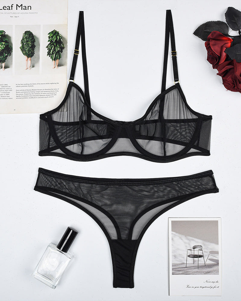 Black sheer mesh lingerie set, underwire bra and thong. Elegant and comfortable for intimate wear.