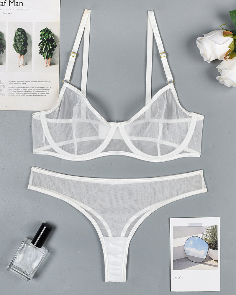 White sheer mesh lingerie set with underwire bra and thong, elegant and sensual intimate wear
