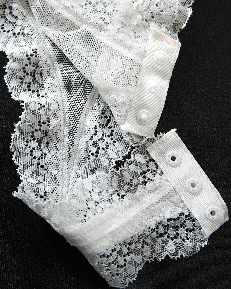 White lace bodysuit detail with snap closure. Sheer lace lingerie for special nights.