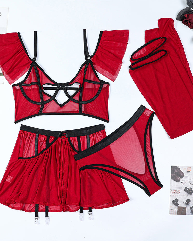 Red heart cut-out lingerie set with mesh bralette, garter skirt, and stockings. Sexy lingerie.
