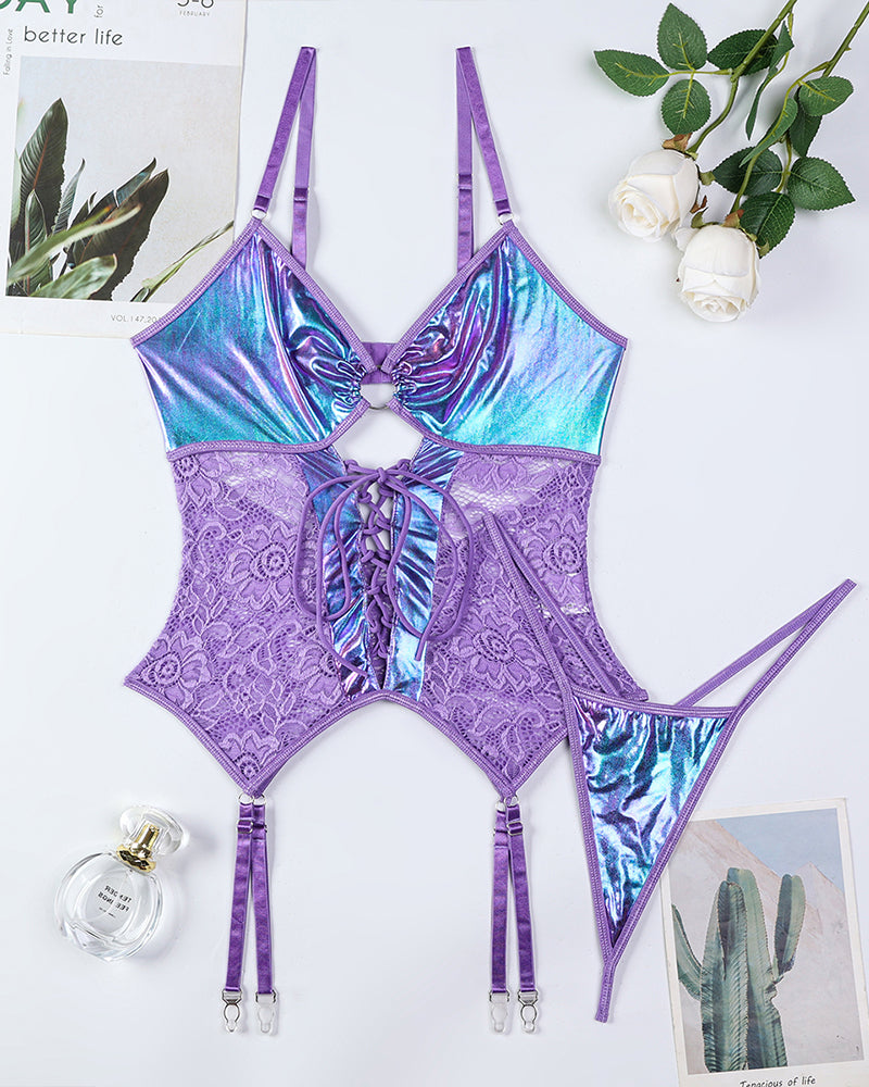 Purple Flash Gradient Laser lingerie set with lace details, adjustable straps. Sexy lingerie.