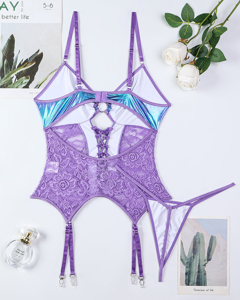 Purple laser lingerie set with lace details, cross tie waist, and adjustable straps.
