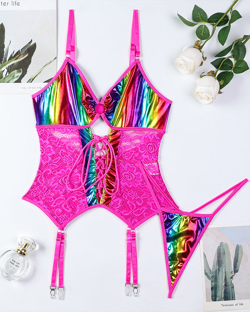 Rainbow Flash Gradient Laser lingerie set with lace details, cross tie waist, and adjustable straps