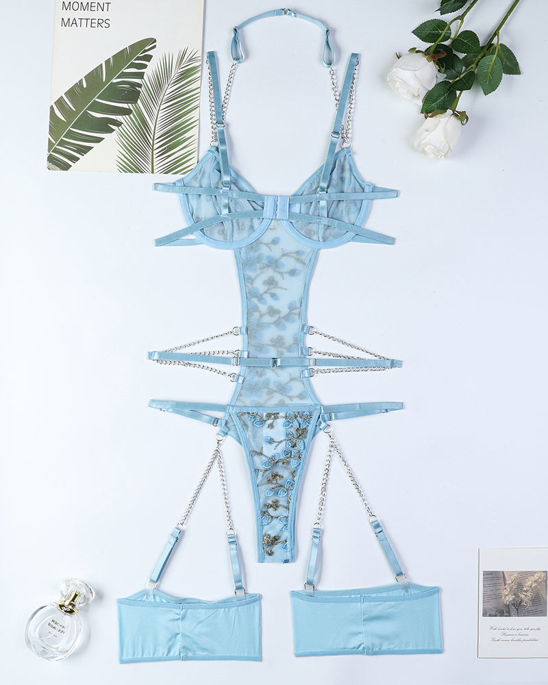 Blue lace embroidered chain bodysuit. Sexy lingerie with adjustable straps and floral details.