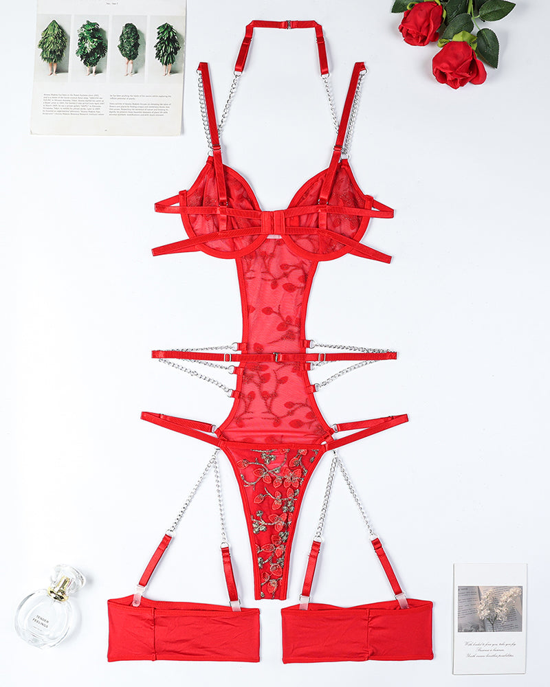 Red floral embroidered chain bodysuit with garter straps. Sexy lingerie.