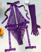 Purple lace halter bodysuit with gloves. Deep V-neck, floral lace design, and satin details.