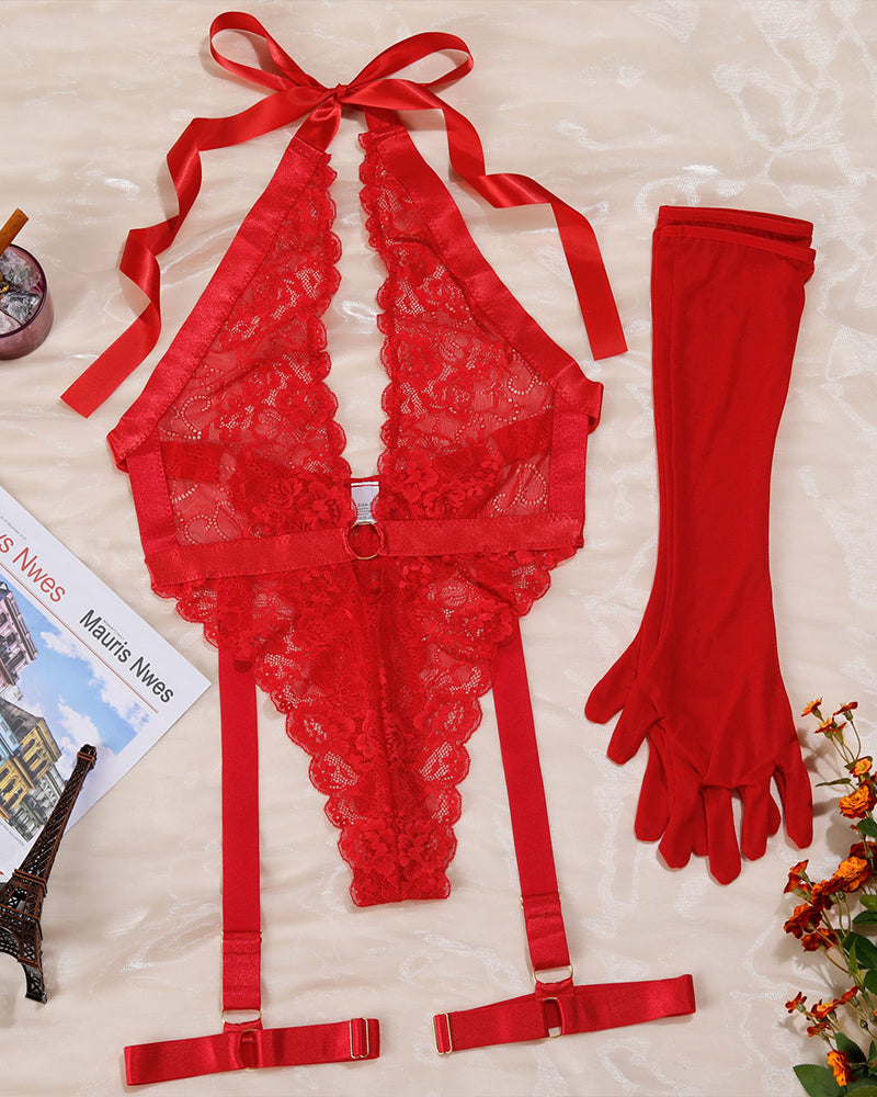Red lace halter bodysuit with gloves. Deep V-neck, floral lace design, and satin details.