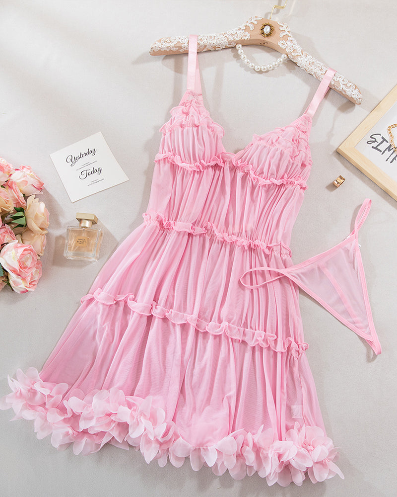 Pink ruffled babydoll lingerie set. Sexy, sheer polyester and spandex babydoll dress.