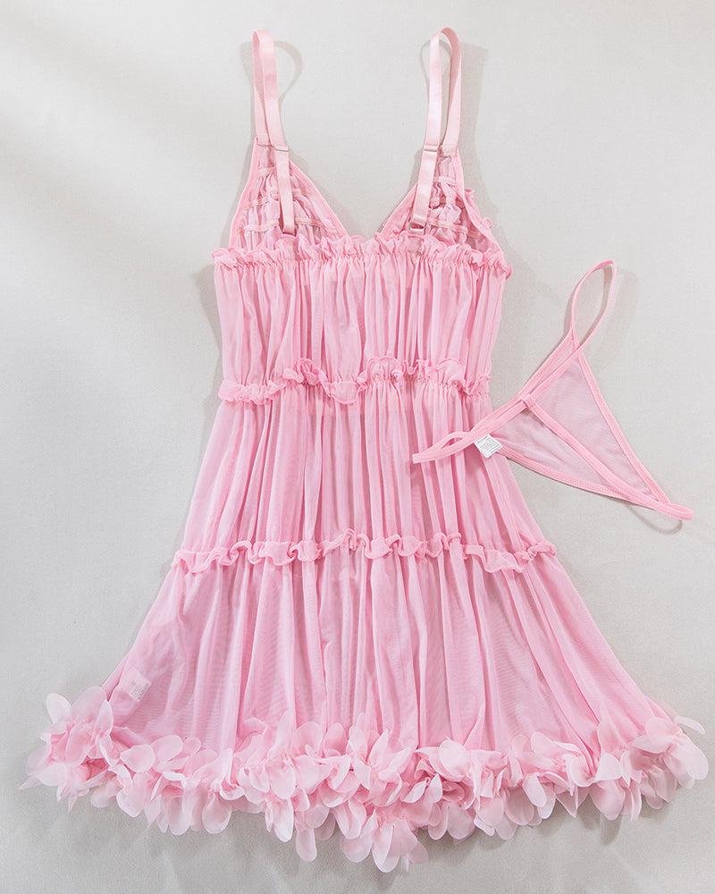 Pink ruffled babydoll lingerie set, spaghetti straps, floral hem, polyester and spandex.