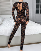 Black floral lace unitard jumpsuit, sexy lingerie with halter neck and open back design